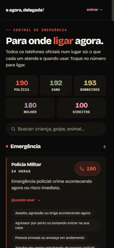 Tela pública da Central de Emergência com telefones oficiais e busca por tipo de atendimento.