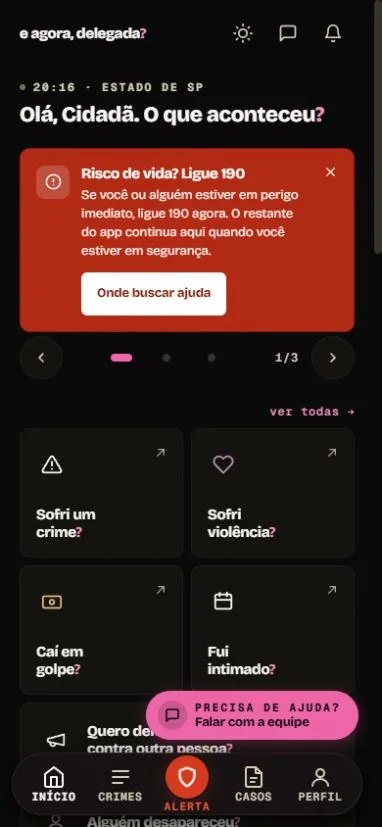 Tela inicial do aplicativo com categorias de orientação e acesso rápido à emergência.