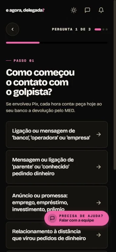 Tela real de triagem do aplicativo com uma pergunta curta e indicador de progresso.